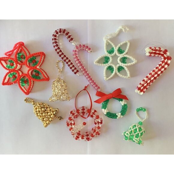 Vintage Handmade Christmas Ornaments Beaded Bells Candy Canes Wreaths 10 Piece